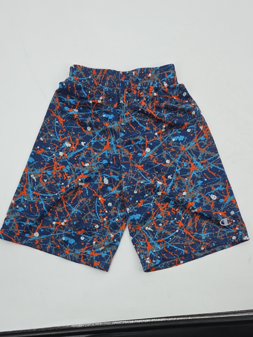 Champion Boys Navy Athletic Shorts with Orange & Light Blue Splatter Design